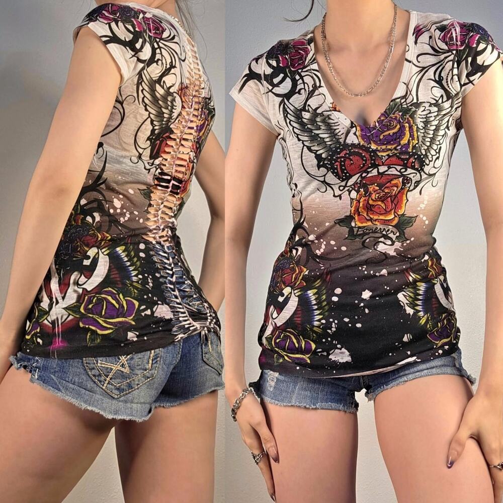 Y2K Tattoo Rose Wing Tee Ladder Back Top McBling Scene Emo Indie Sleeze Wet Seal